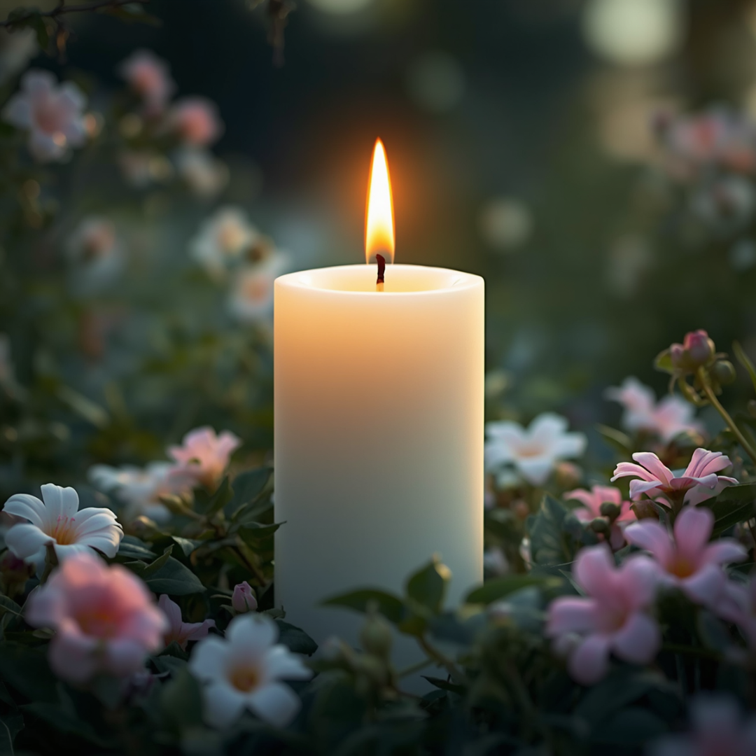 Memorial candle surrounded by flowers - remembering babies gone too soon